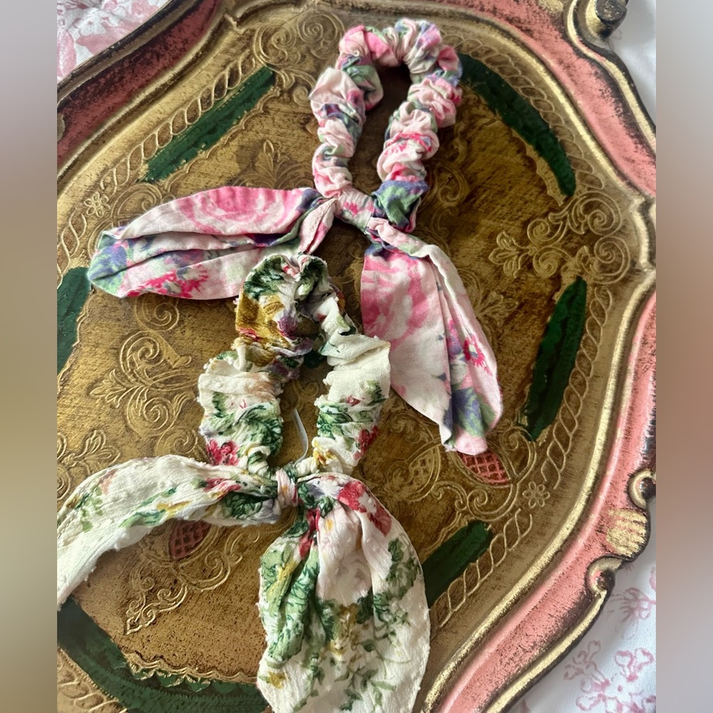 LOVESHACKFANCY Signature Ribbon Scrunchies Set of Two Autumn Floral Pink Green